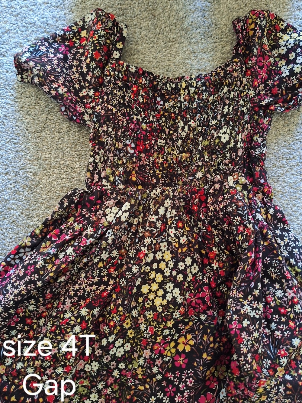 GAP Black Floral Shirred Bodice Dress with Pink & Yellow Flowers